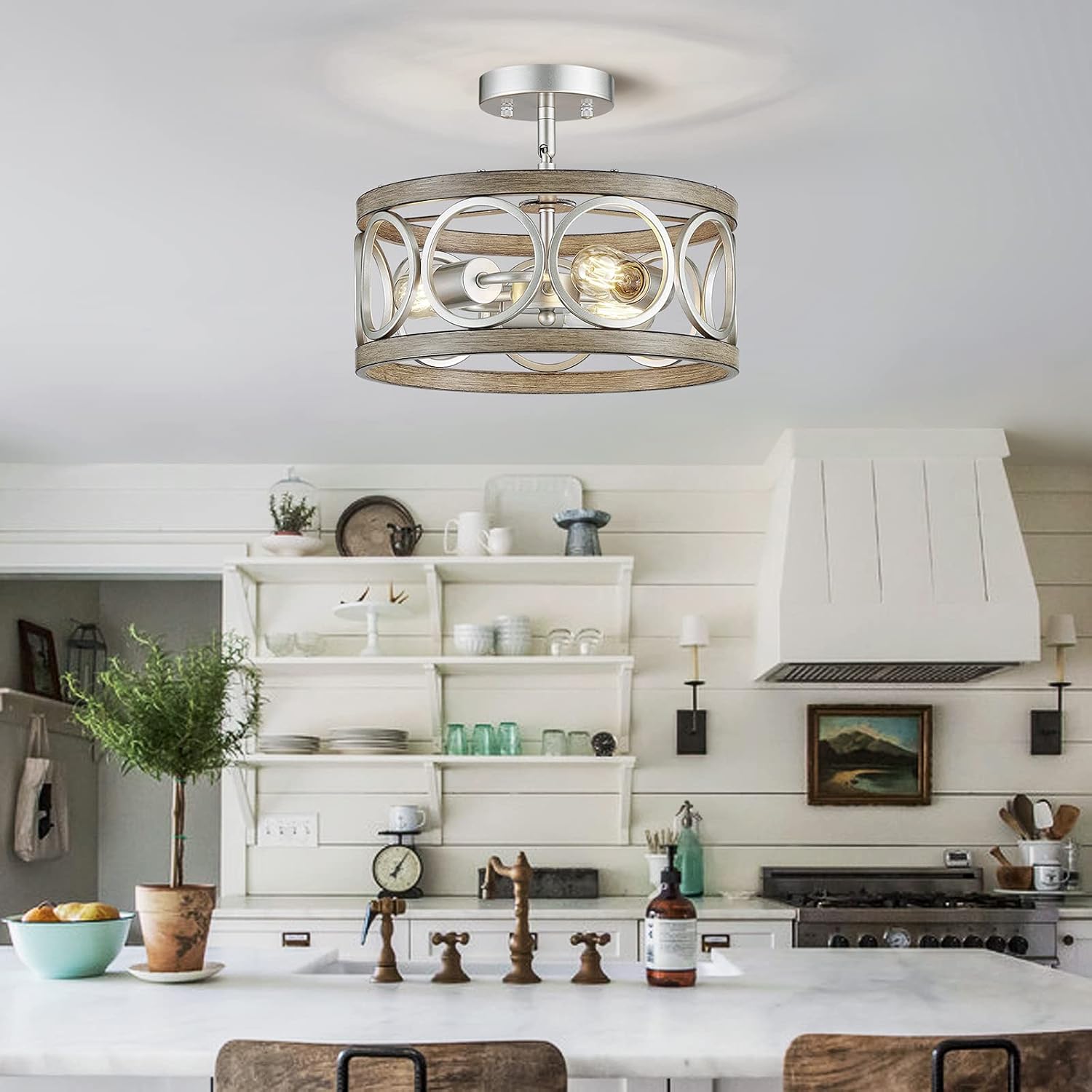 XINGQI 13' Modern 3-Light Brushed Nickel Rustic Semi Flush Mount Ceiling Light Fixture Wood Grain Metal Round Lamp for Kitchen Dining Room Bedroom Entryway