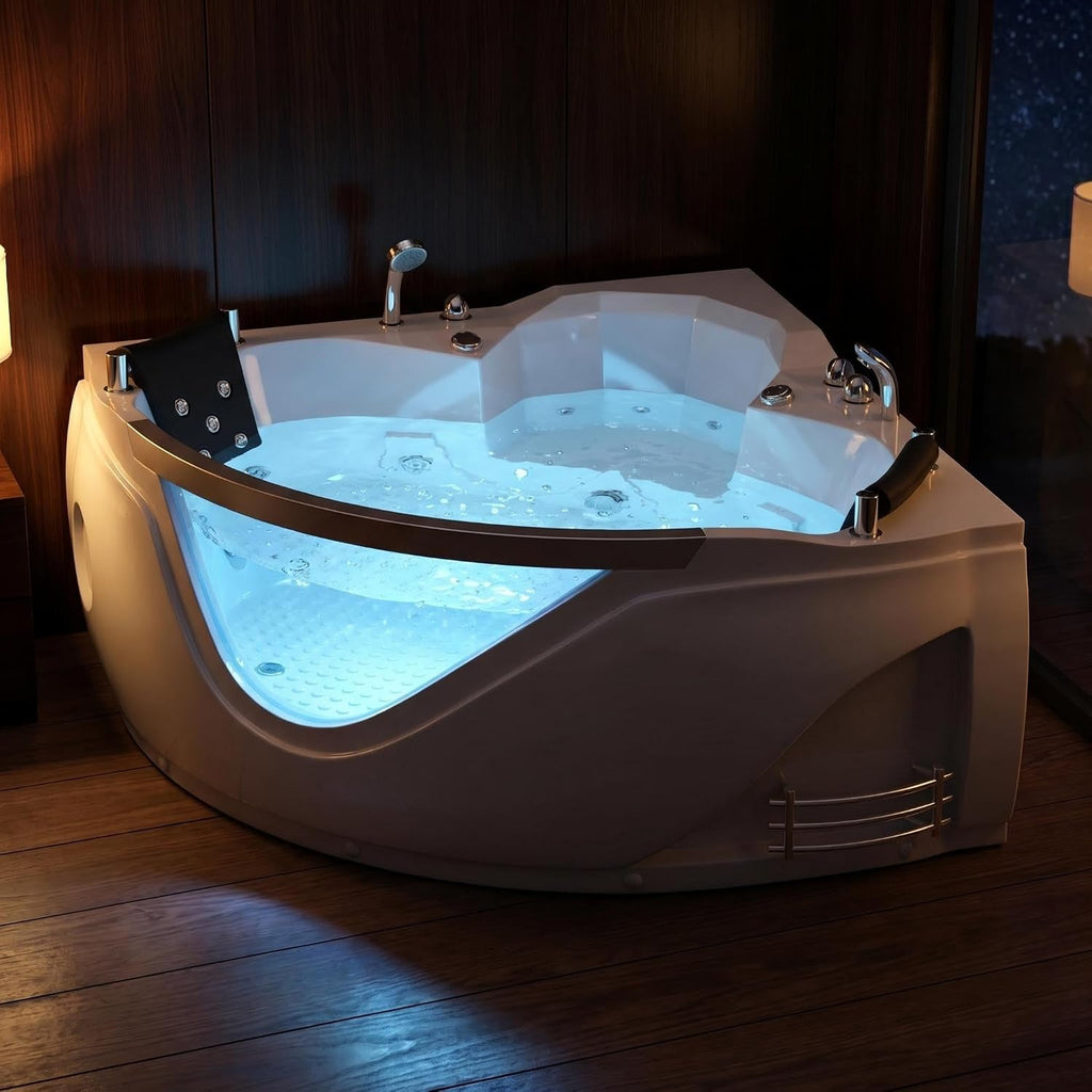 59' Corner Whirlpool Bathtub with 20 Multi-Directional Jets, 110-Gallon Capacity & LED Chromotherapy Ambient Lighting for Spa-Like Relaxation