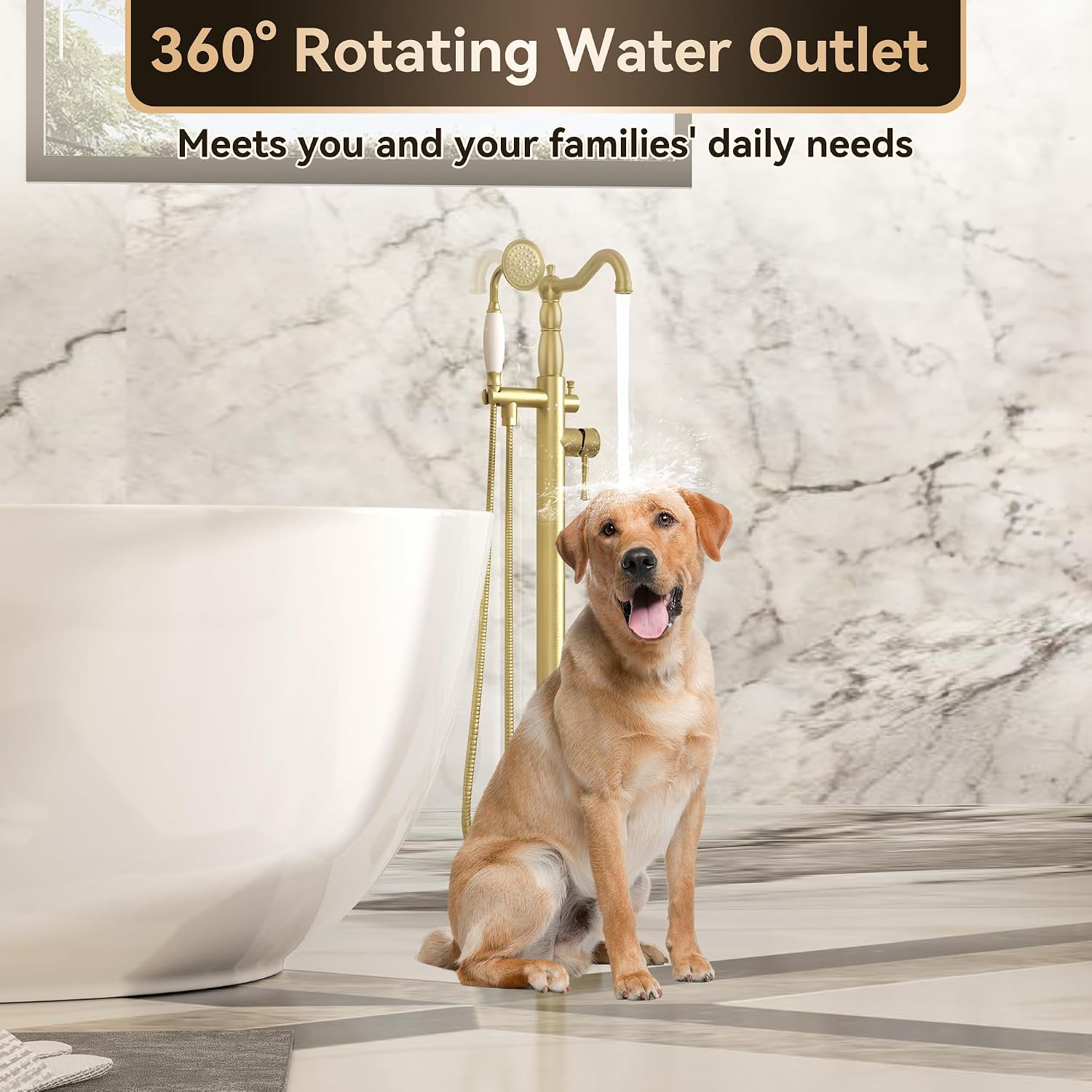 SUPERFLO Freestanding Bathtub Faucet Brushed Gold Tub Fillers Freestanding, Brass Free Standing Tub Faucet Floor Mounted With Ceramic Retro Hand Shower & Water Hose