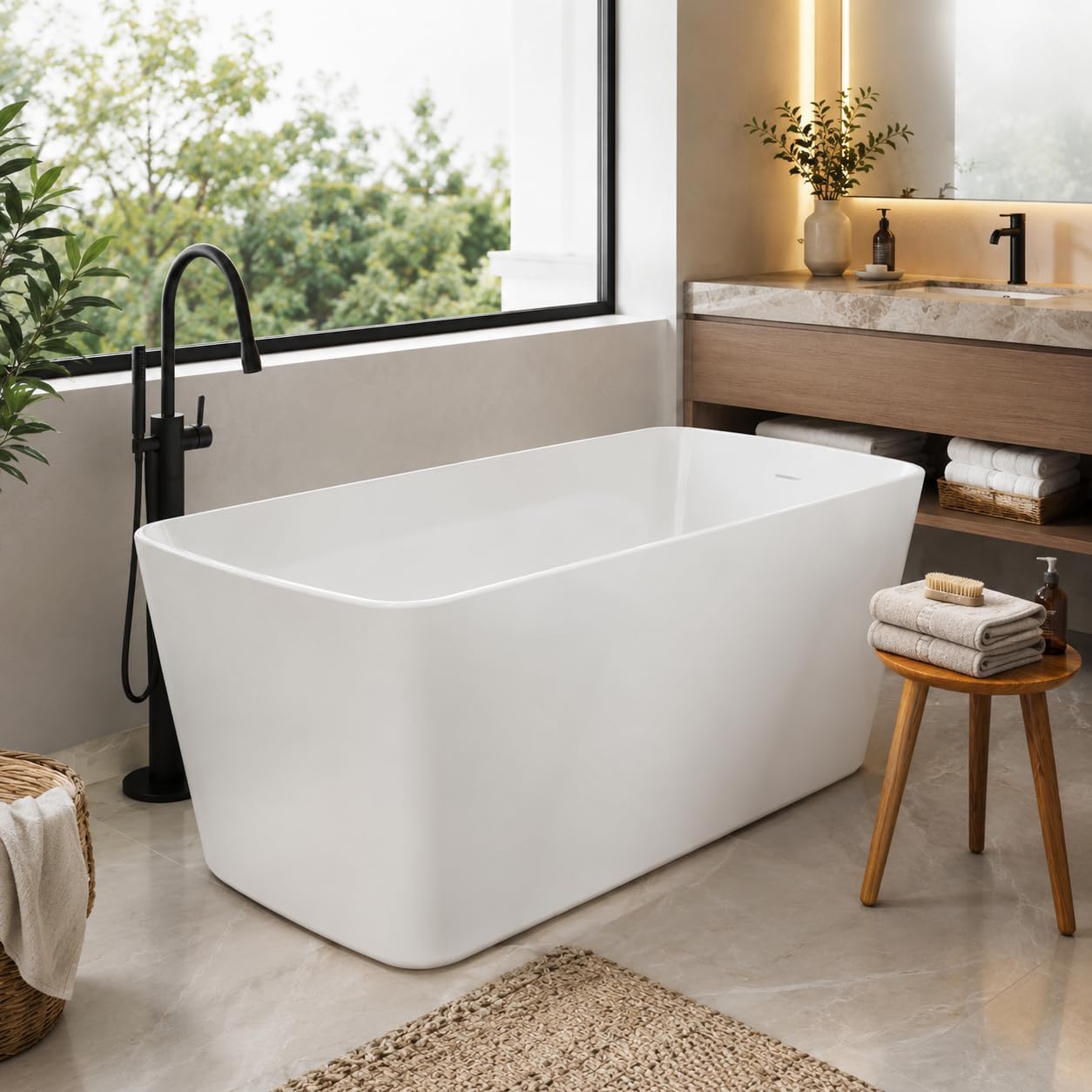 GarveeLife 49' Acrylic Freestanding Soaking Bathtub, Deep Ergonomic Design,cUPC Certified Bath Tub, Double-Walled Insulation, Matte Drain & Overflow, Easy Install, Modern Bathroom Tub, All White