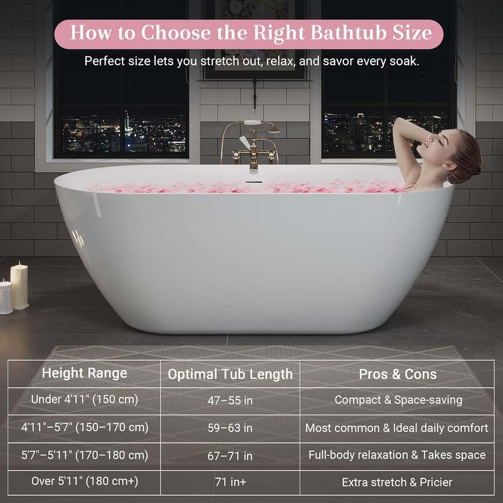 59' Acrylic Freestanding Bathtub White, Oval Shape Soaking Tub with Pop-up Chrome Drain, Free Standing Bathtubs CUPC Certified