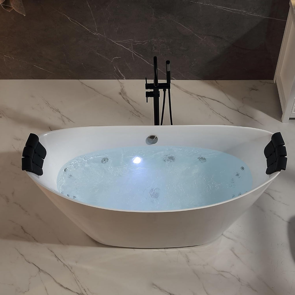 Empava Upgrade Acrylic Whirlpool Bathtub, 67-Inch Freestanding Boat Shaped Jetted Bathtub with Healing Chromotherapy, 18 Hydromassage Jet, Double-Ended Massage Bathtub with Two Black Pillows