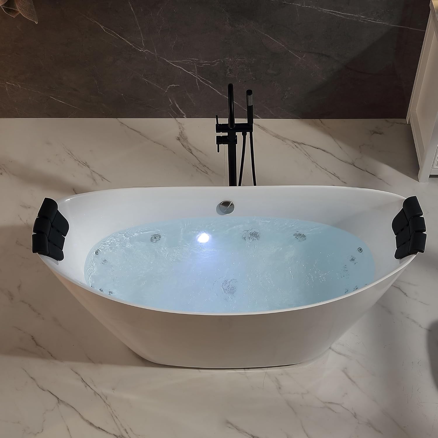Empava Upgrade Acrylic Whirlpool Bathtub, 67-Inch Freestanding Boat Shaped Jetted Bathtub with Healing Chromotherapy, 18 Hydromassage Jet, Double-Ended Massage Bathtub with Two Black Pillows