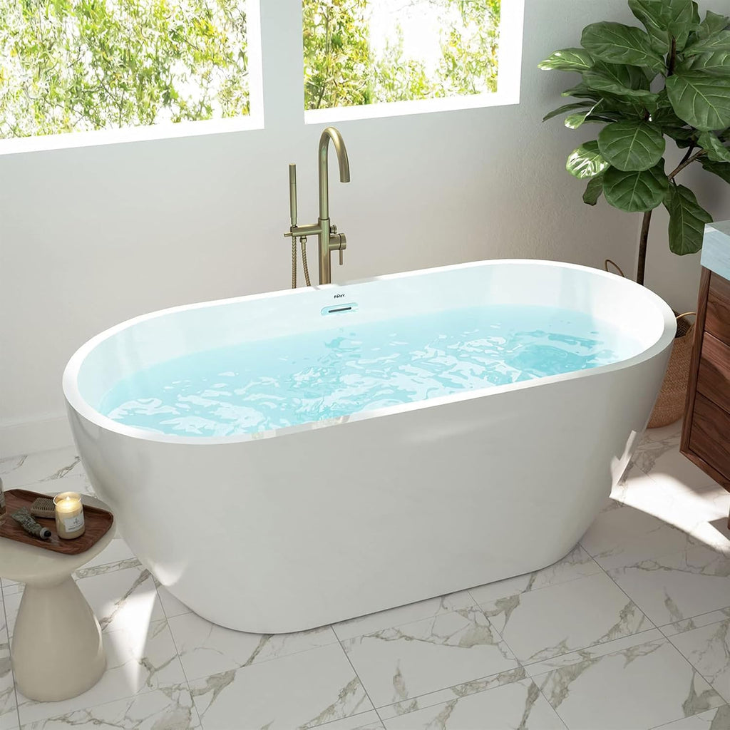 FerdY Bali 59' Acrylic Freestanding Bathtub, Gracefully Shaped Freestanding Soaking Bathtub, Toe-Tap Chrome Drain and Classic Slotted Overflow Included, Glossy White, cUPC Certified
