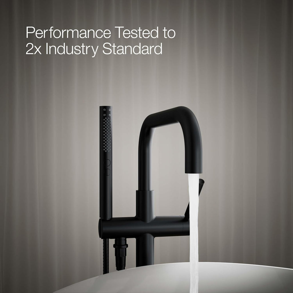 KOHLER T97328-4-BL Purist Floor-Mount Bath Filler Trim with Handshower, Single Lever Handle Bathtub Faucet, 1.75 GPM Handshower, Matte Black