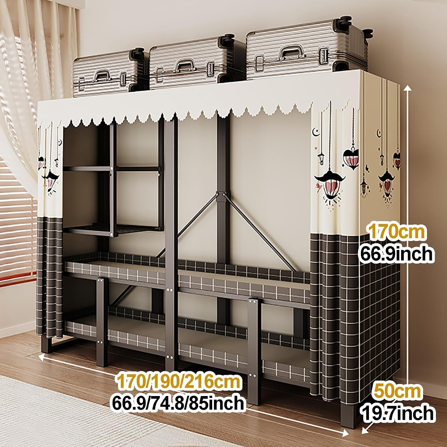 Foldable Portable Wardrobe Closet with Cover, Metal Garment Rack with Hanging Rods, Clothing Rack Storage Organizer, Enclosed Curtain, for Bedroom, Dorm(Grey,216cm/85inch)
