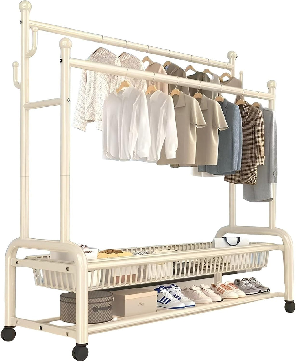 Double Garment Rack with Wheels, 100x45x170cm, Sturdy, Rolling Metal Clothes Rack with Shoe Shelf and Hooks for Closet