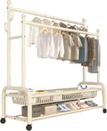 Double Garment Rack with Wheels, 100x45x170cm, Sturdy, Rolling Metal Clothes Rack with Shoe Shelf and Hooks for Closet