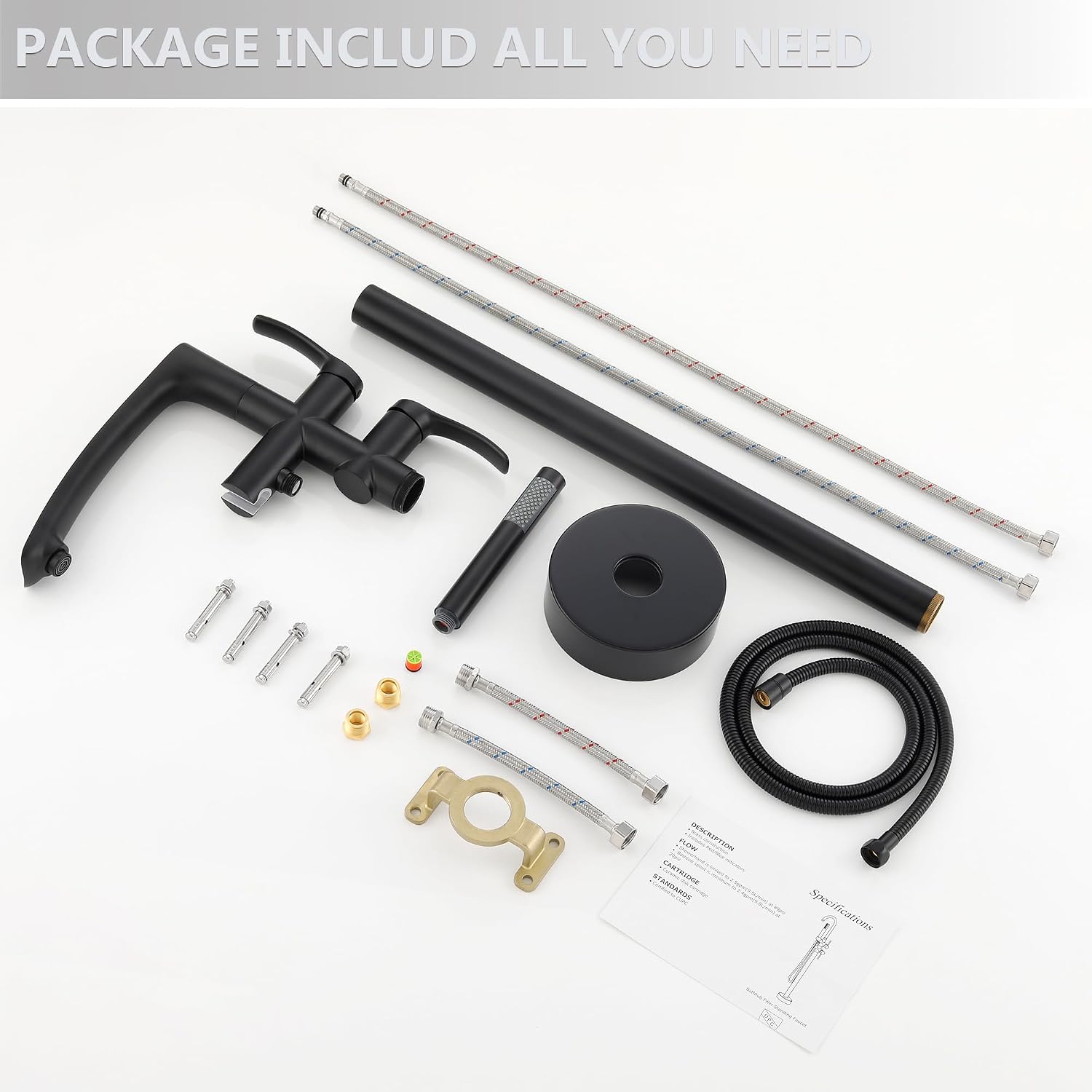 Freestanding Bathtub Faucets, Matte Black Stainless Steel Floor Mount Tub Filler with 360 Swivel Spout and Handheld Shower, High Flow Bathtub Faucet Set JXM-F001BK
