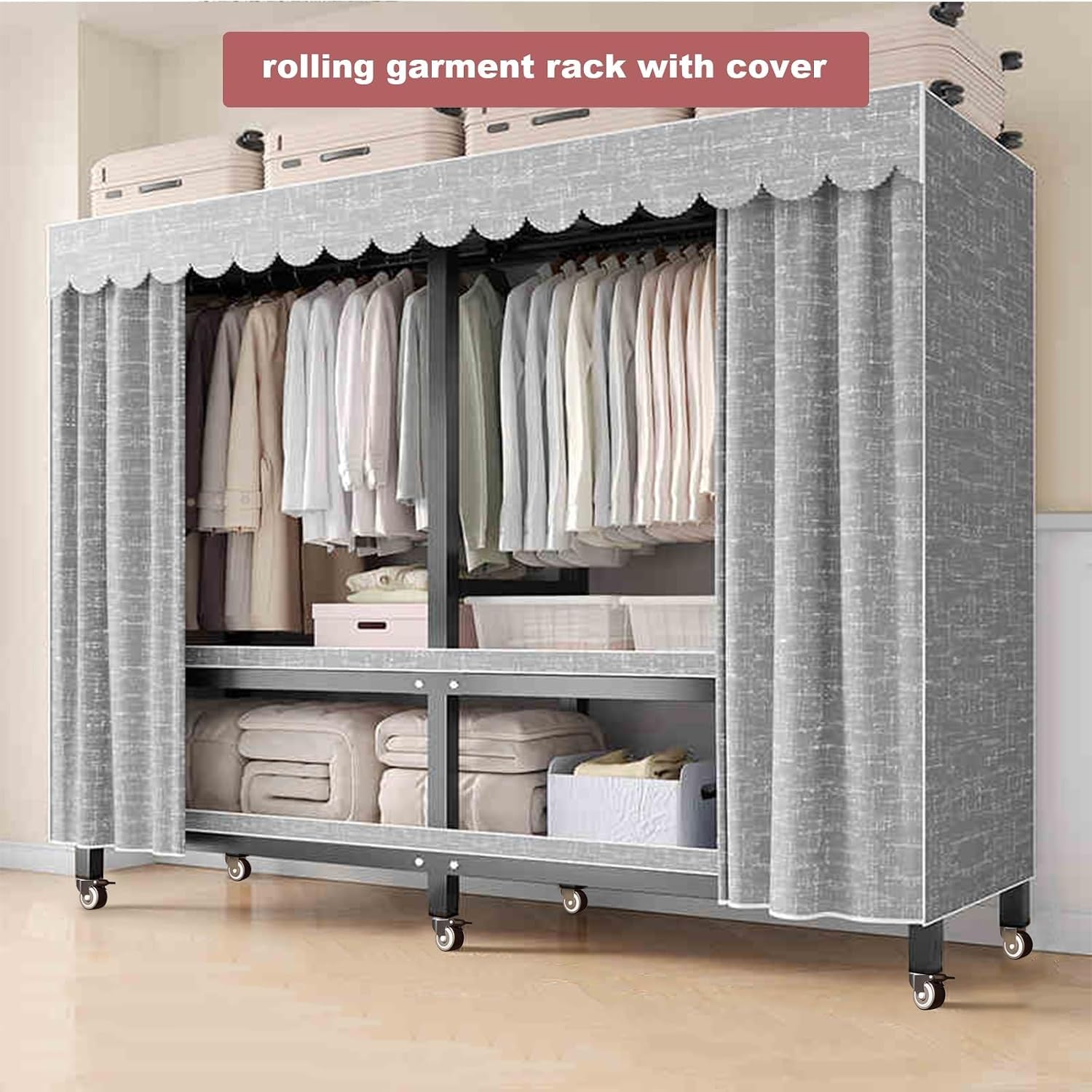 Metal Mobile Closet Rack - Heavy-Duty Clothes Rack Covers On Wheel 2000lbs Foldable Portable Wardrobe For Hanging Clothes Rolling Garment Rack Clothing Coat Storage Rack For Bedroom(80in(wheel))