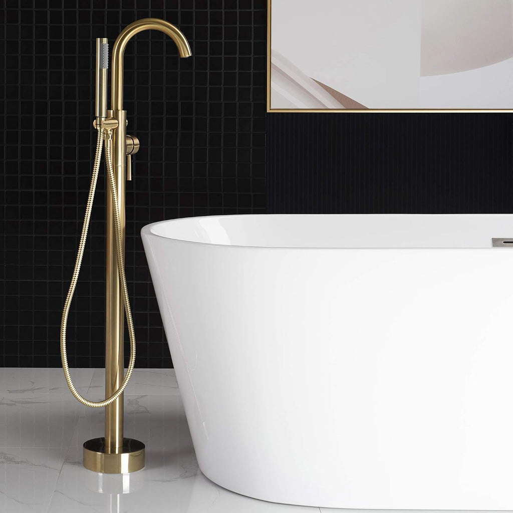 WOODBRIDGE F0007 BG Freestanding Tub Filler Bathtub Floor Mount Brass Bathroom Faucets with Hand Shower, F-0007 Golden, Brushed Gold
