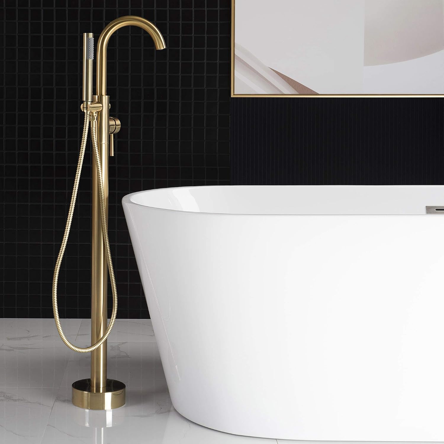 WOODBRIDGE F0007 BG Freestanding Tub Filler Bathtub Floor Mount Brass Bathroom Faucets with Hand Shower, F-0007 Golden, Brushed Gold