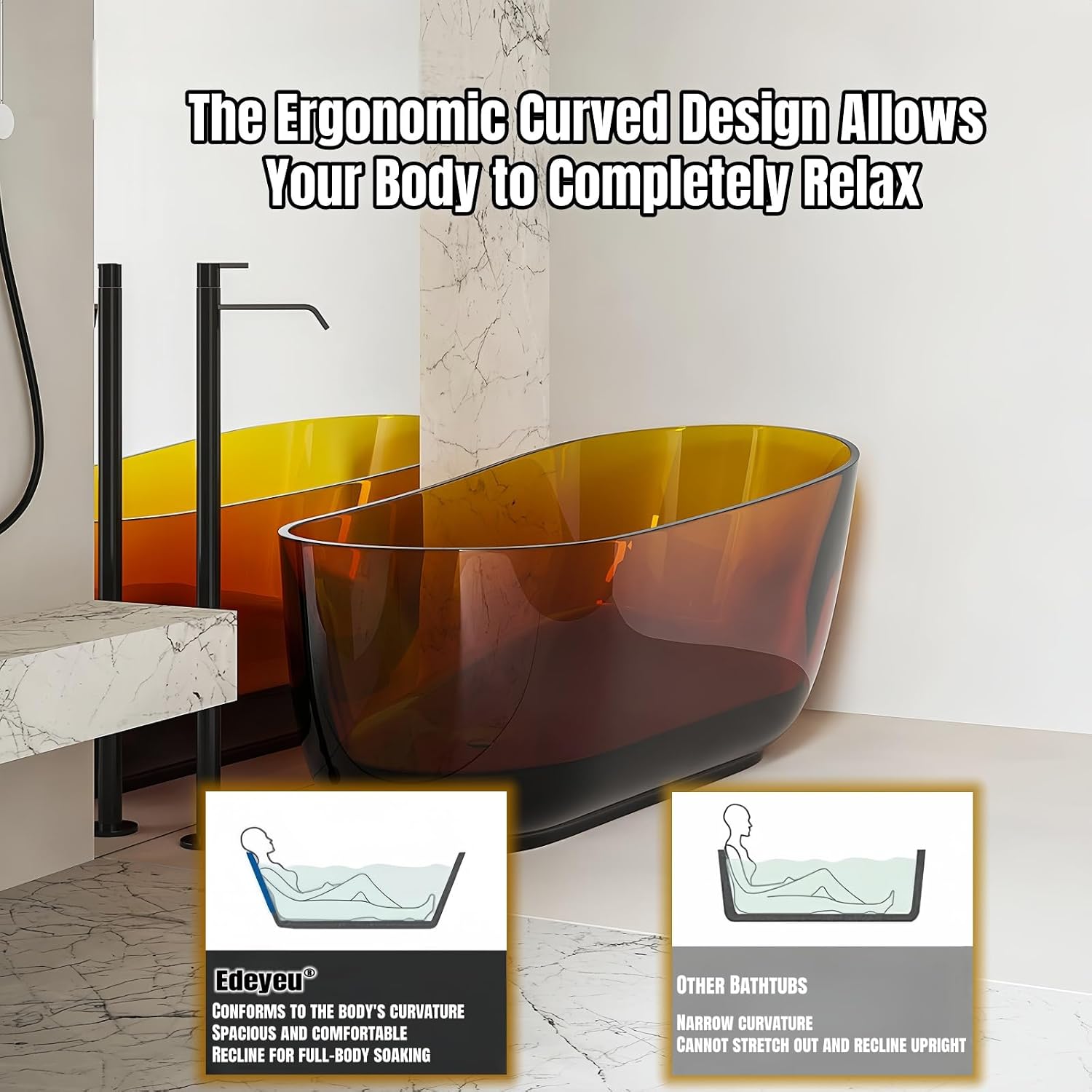 67' Edeyeu Luxury Freestanding Bathtub – Solid Surface Bathtub Soaking Tub, Ergonomic Backrest And Durable One-Piece Construction For Modern Bathroom Luxury With Drain Blue B
