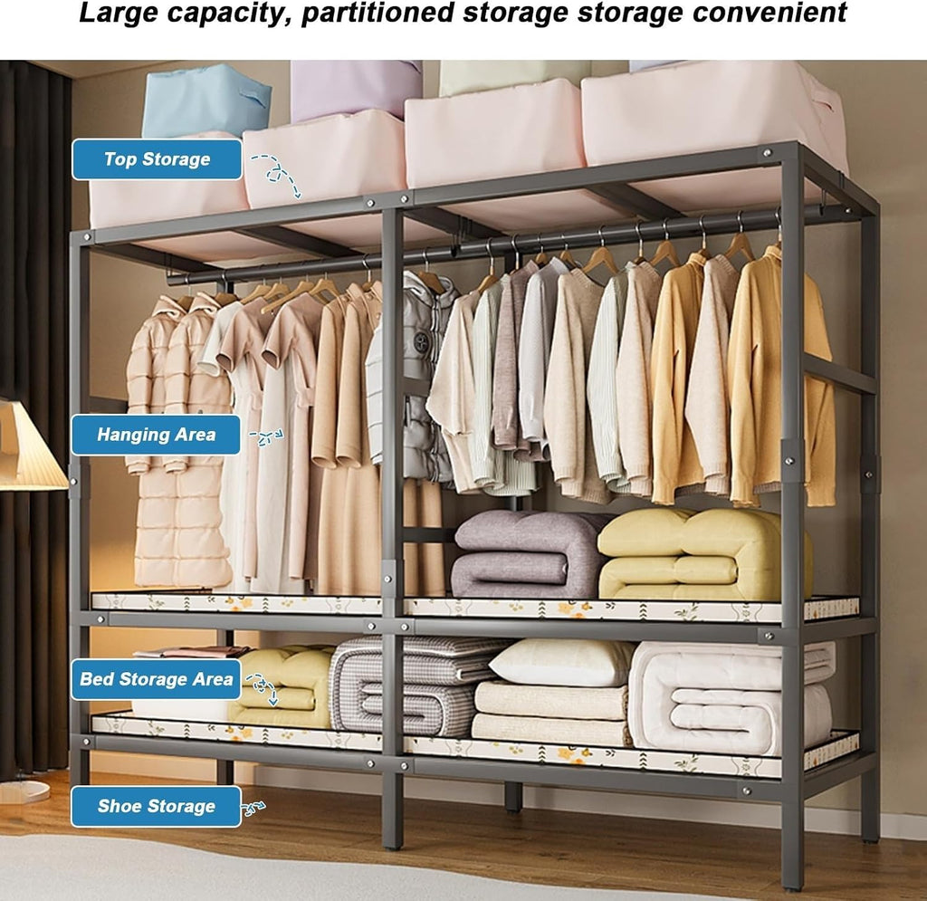 Heavy Duty Metal Mobile Clothes Drying Rack - Rolling Foldable Clothes Rack With Cover And Wheels/1500 Lbs Large Capacity Wardrobe Closet/Independent Clothing Organization System For Bedroom(Size:168*