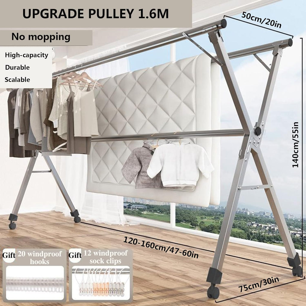 Adjustable Foldable Clothes Drying Rack - Stainless Steel Collapsible Garment Rack for Indoor/Outdoor Use, Space-Saving Retractable Clothes Rail, 1.6m Length