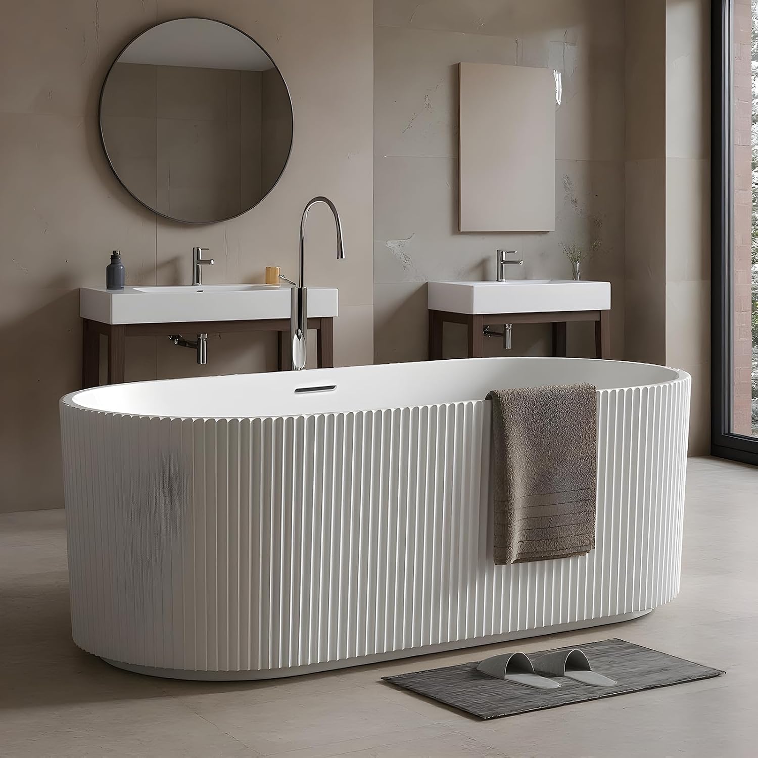59' Acrylic Freestanding Bathtub, Modern Acrylic Soaking Bathtub, Freestanding Rectangular Tub with Matte Drain and Overflow, Ergonomic Deep Design, Double-Walled Insulation, CUPC Certified