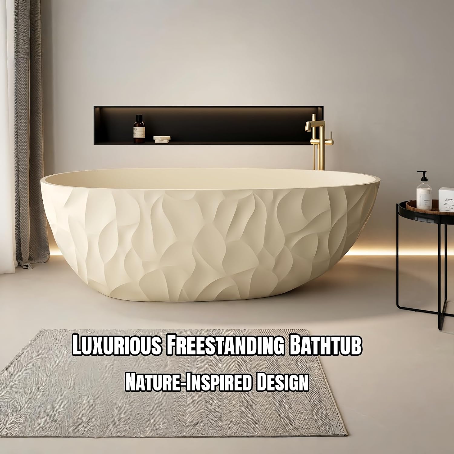 63' Edeyeu Luxury Freestanding Bathtub – Modern Solid Surface Bathtub With Ripple Design, Extra Deep Soaking Tub, Ergonomic Stand Alone Tub For Contemporary Luxury Bathrooms H