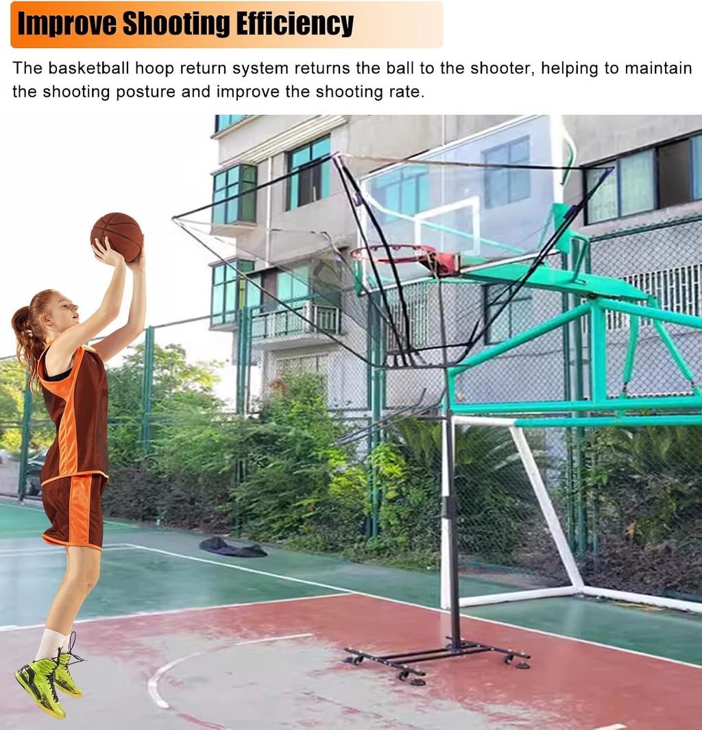 Black Basketball Return Automatic Attachment for Hoop, Floor Standing Rolling Basketball Net Catcher Ball Return Machine, Indoor Outdoor Hoop Returner