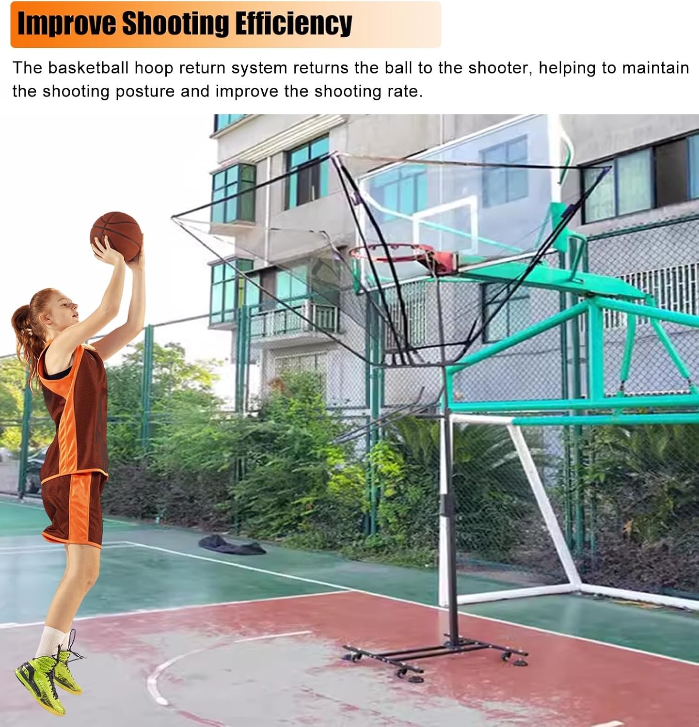 Black Basketball Return Automatic Attachment for Hoop, Floor Standing Rolling Basketball Net Catcher Ball Return Machine, Indoor Outdoor Hoop Returner