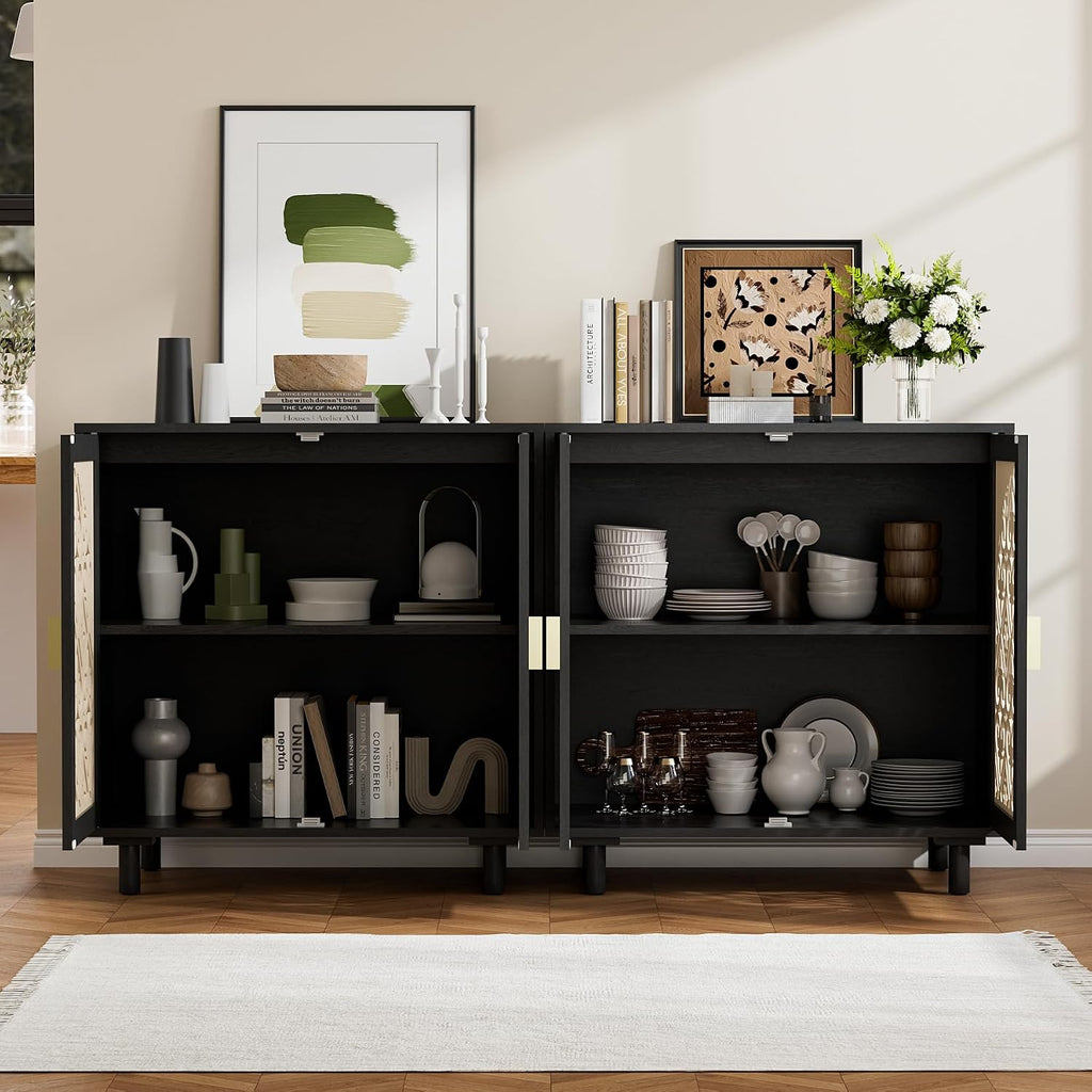 Decorative Storage Cabinet Sideboard with Hollow Carved Panels, 4 Doors Storage Sideboard Cabinet with Adjustable Shelves. [Black, 2pcs]