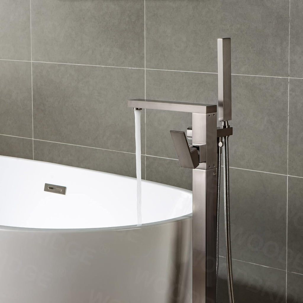 Woodbridge Brushed Nickel Freestanding Tub Filler Single Handle Floor Mounted Faucets with Handheld Shower. Square Design