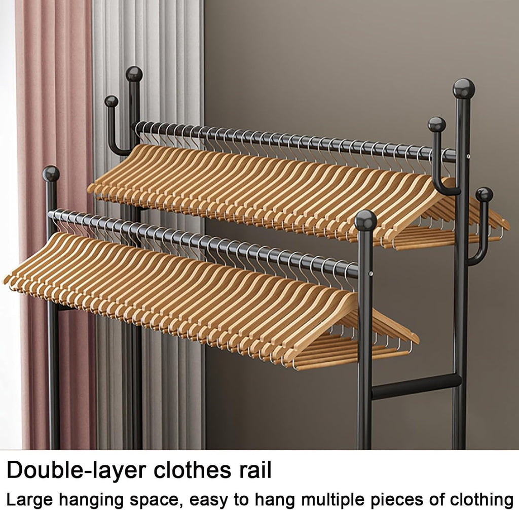 Clothes Rack With Wheels,Metal Garment Rack With Storage Shelves And Coat/Hat Hooks,Freestanding Clothing Organizer,Black/Gold(White,80cm(31.5in))