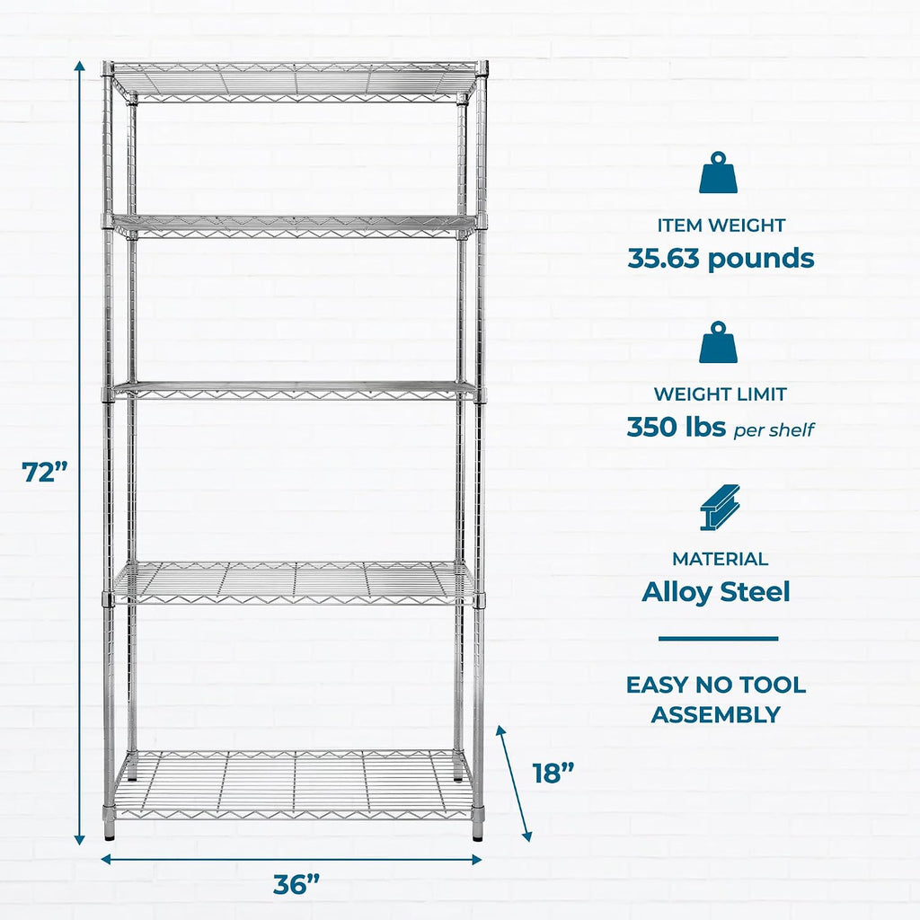 Honey-Can-Do 5-Tier Heavy Duty Adjustable Shelving Unit with Wheels, 350-lb Per Shelf NSF Certified Rolling Metal Storage Rack, Chrome Wire Shelf, 36 x 18 x 72 in