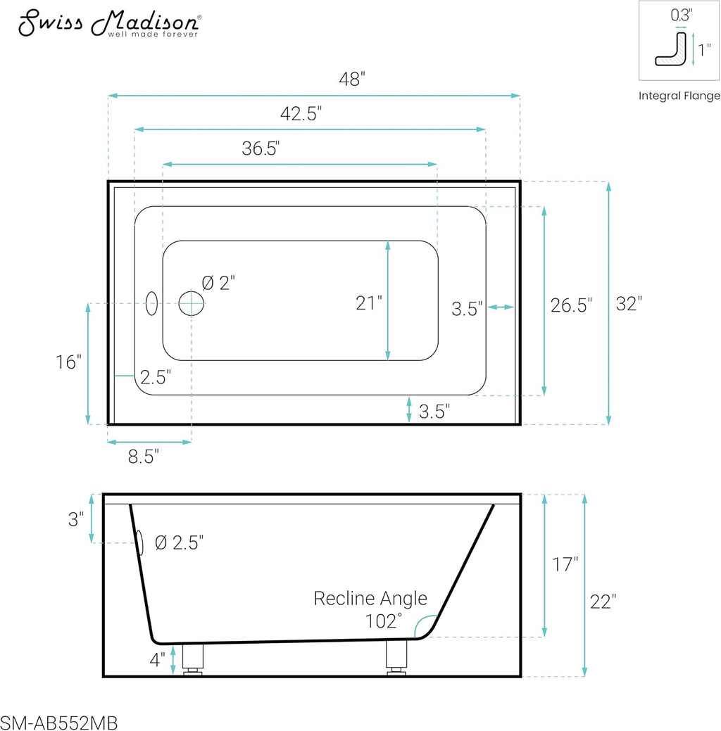 Voltaire 48' x 32' Left-Hand Drain Alcove Bathtub with Apron in Matte Black