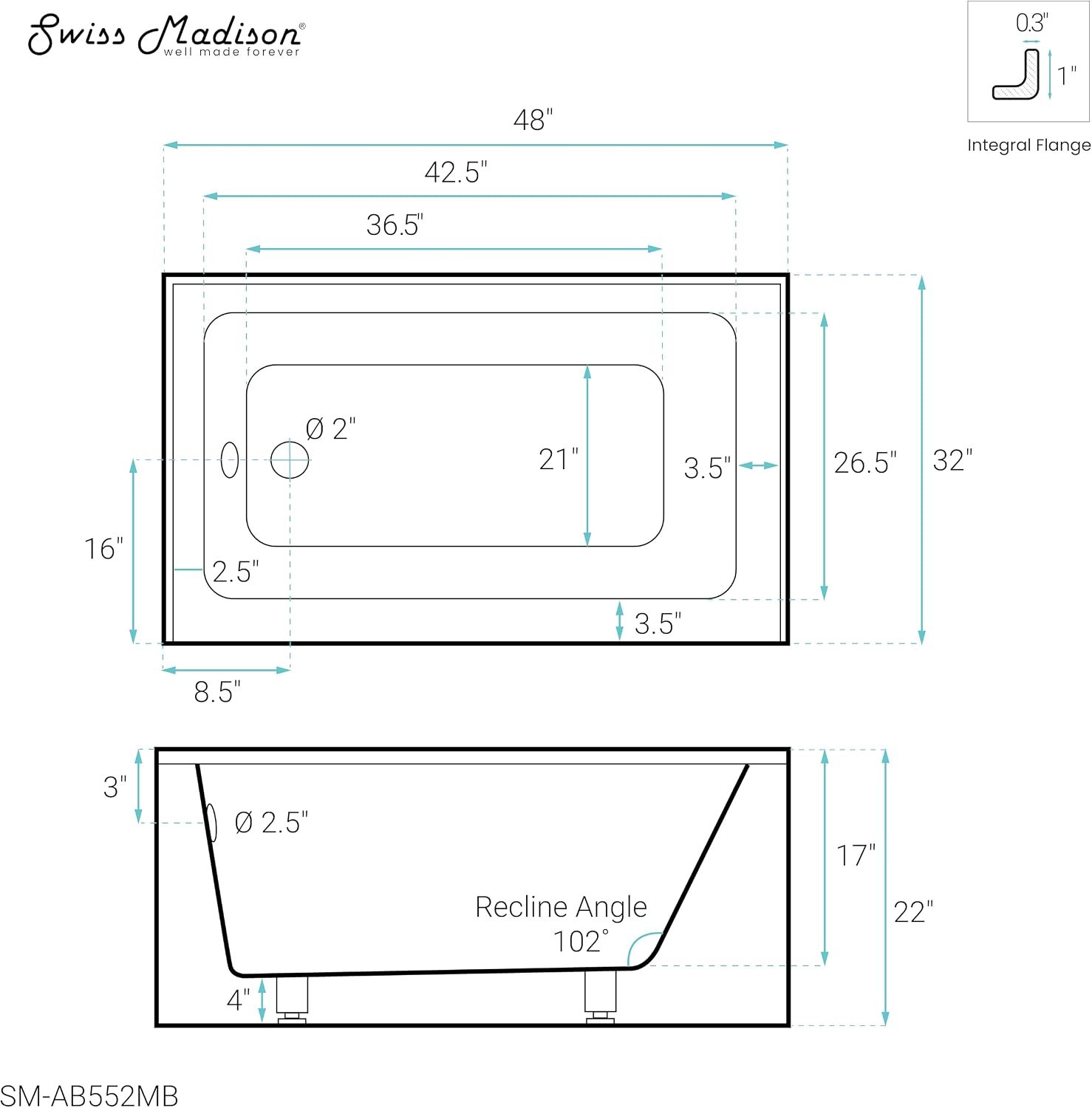 Voltaire 48' x 32' Left-Hand Drain Alcove Bathtub with Apron in Matte Black