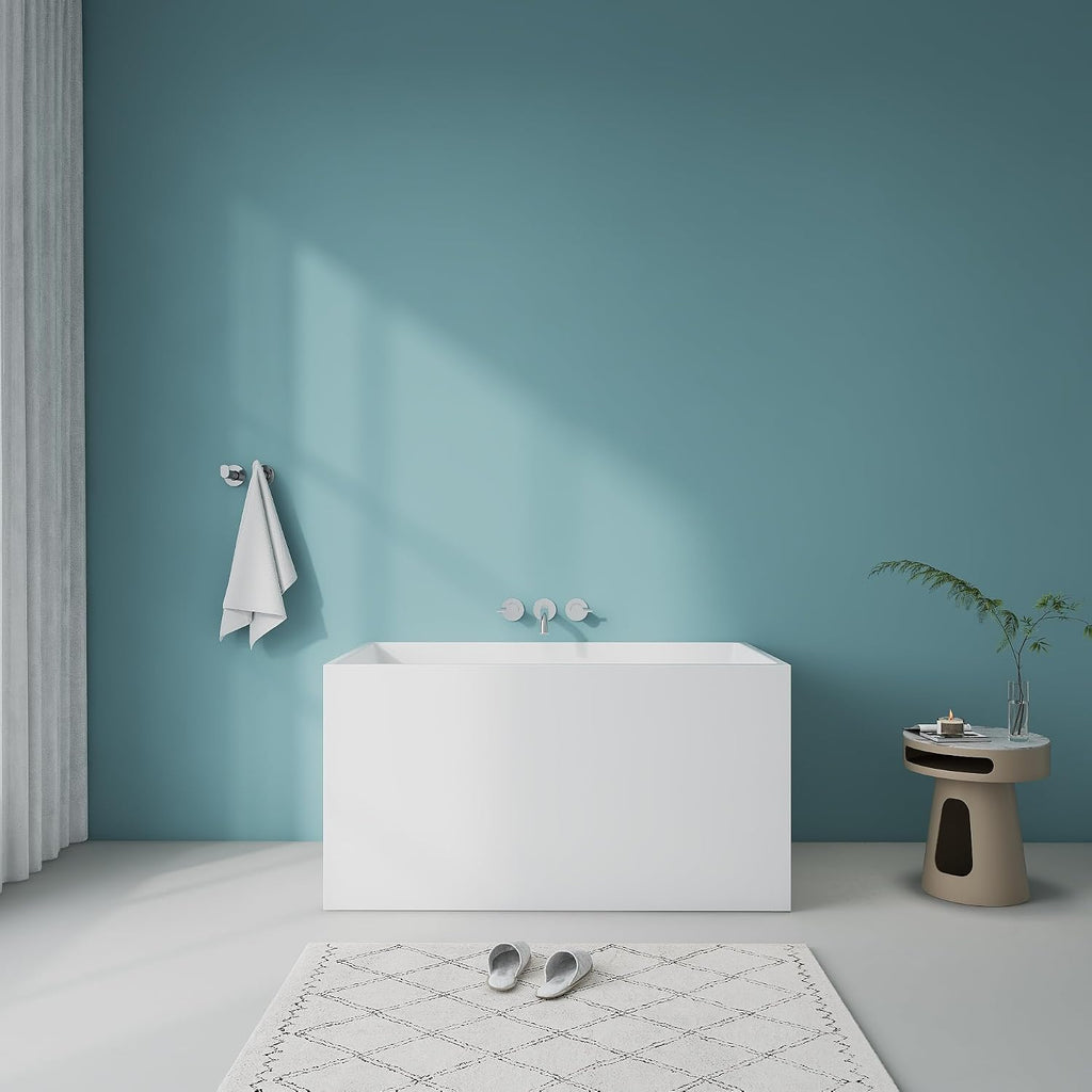47' Modern Acrylic Free Standing Bathtub With Seat | Unique White Deep Square Soaking Tub with Overflow and CUPC Drain
