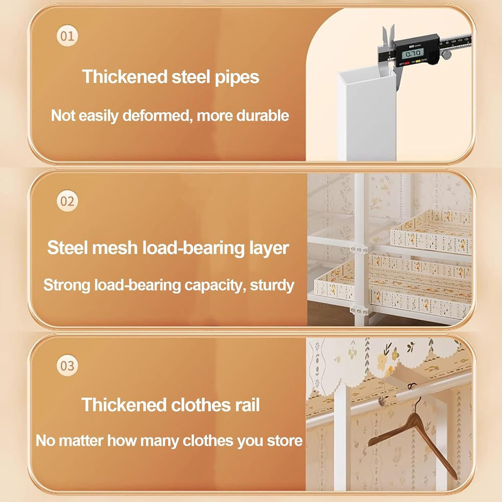 Foldable Wardrobe Closet With Cover, Metal Garment Rack, One-Piece Folding Base, Steel Tube Clothes Rack For Hanging Clothes, Curtain Clothing Organizer For Bedroom(Yellow1,110x170x50cm)