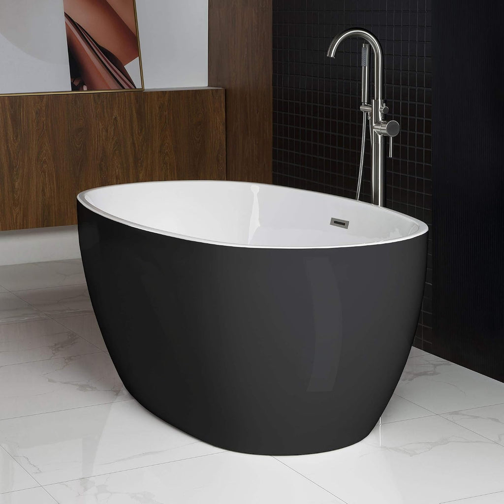 WOODBRIDGE 59' Acrylic Freestanding Bathtub Contemporary Soaking Black Tub with Brushed Nickel Overflow and Drain，B1818 Black -B/N-Drain &O
