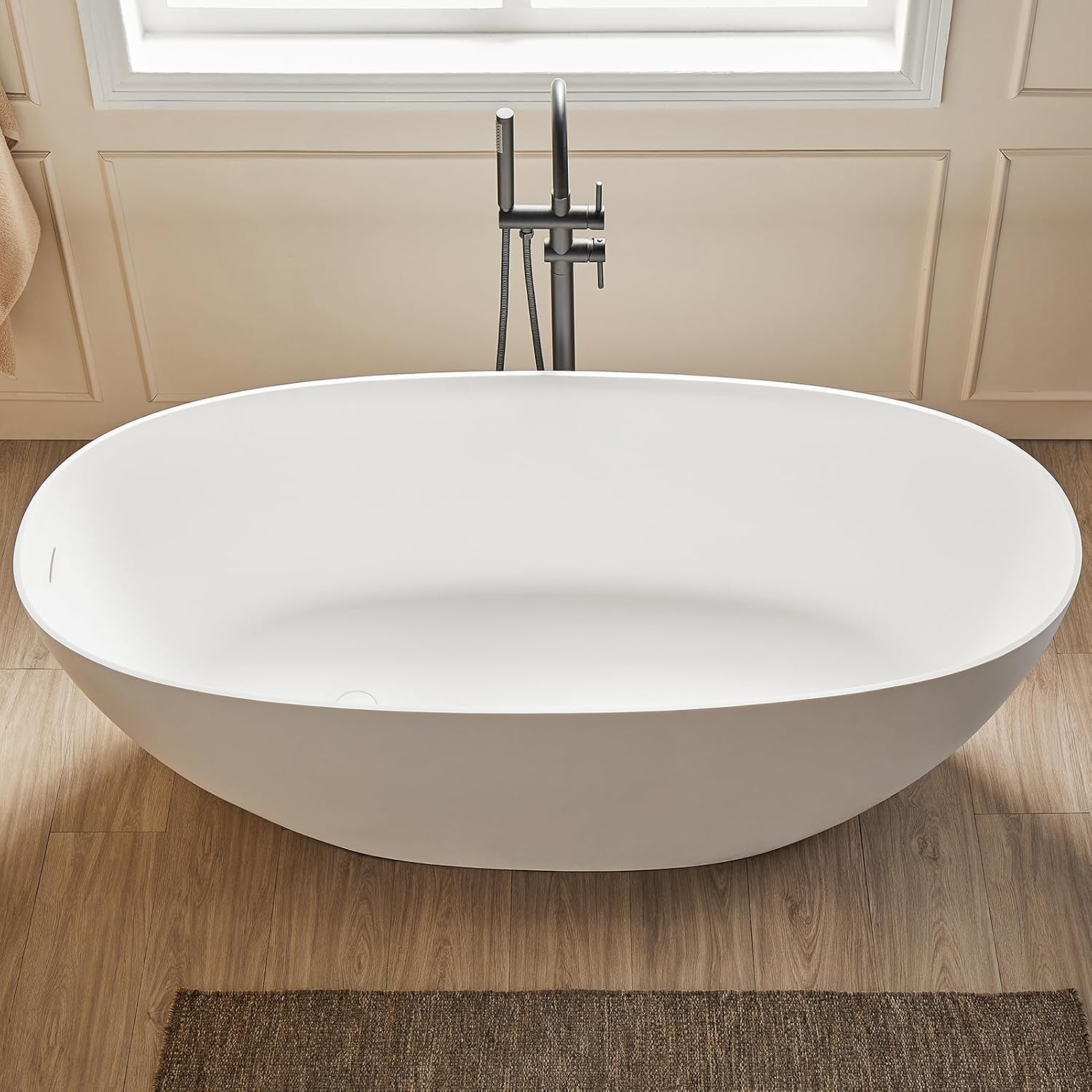Cpingao 55' Stone Resin Freestanding Bathtub, Oval Contemporary Soaking Tubs, Solid Surface Stand Alone Tub with Drain & Integrated Slotted Overflow Matte White 8845-1400