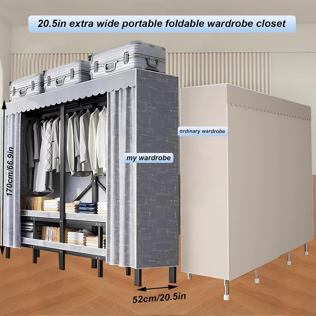 49.2in Foldable Heavy Duty Rolling Covered Metal Garment Rack on Lockable Wheels Large Capacity 360°Enclosed Portable Wardrobe Closet for Bedroom Hanging Clothes (D,Gray Cover, 125cm/49.2in)