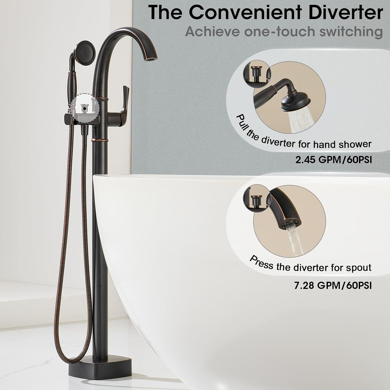 Free Standing Tub Faucet, Jabbol Premium Brass Luxury Freestanding Bathtub Faucet, Bathroom Floor Mount Tub Filler with Handheld Sprayer, Classic Roman Tub Faucets Oil Rubbed Bronze (JB-8811ORB)