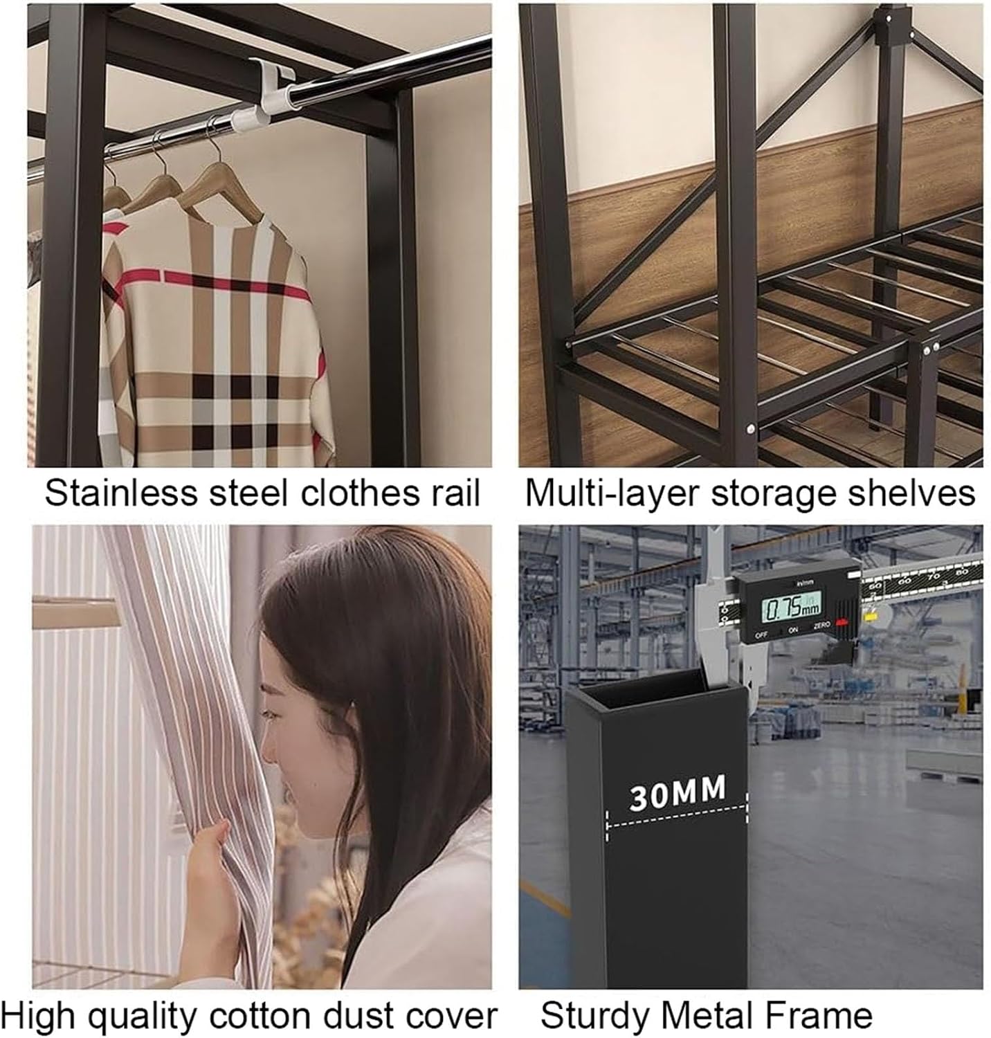 Foldable Portable Garment Rack, Heavy Duty Clothes Rack with Cover Loads 1100 LBS Clothing Racks for Hanging Clothes Metal Clothes Rack Free Standing & Portable Closet Wire Garment Rack(66inch/168cmx1