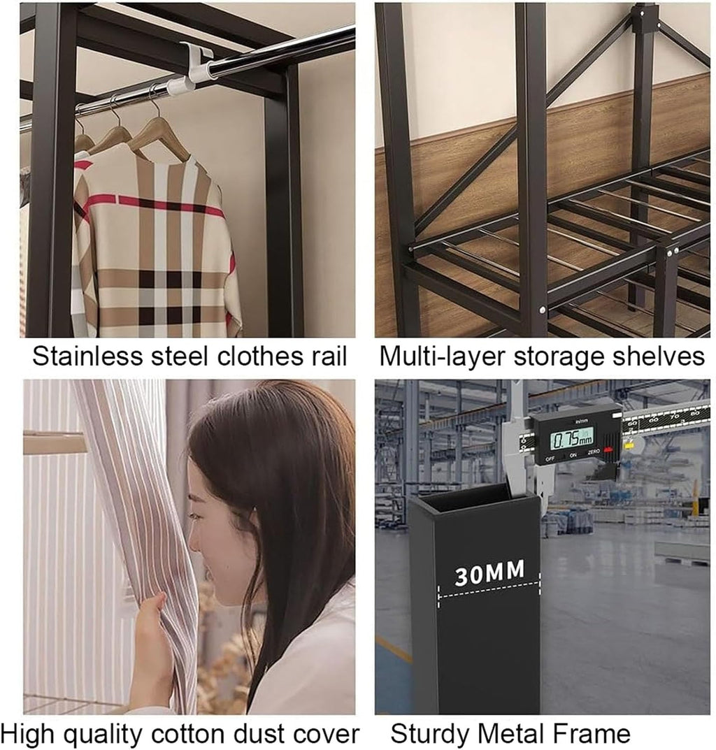Portable Closet, Free Standing Clothing Rack with Shelf Foldable Design Garment Rack with Grey Cover Clothing Storage Rack for Bedroom Wardrobe, Heavy-duty Portable Closet Load 1100lb(66inch/168cmx19.