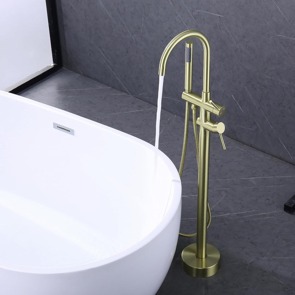 Freestanding Tub Faucet Floor Mount Tub Fillers, Senhozi Brushed Gold Free Standing Tub Faucets, Mixer Tap Two Handle Gold Freestanding Bathtub Faucet with Hand Shower, SE-3001-BG