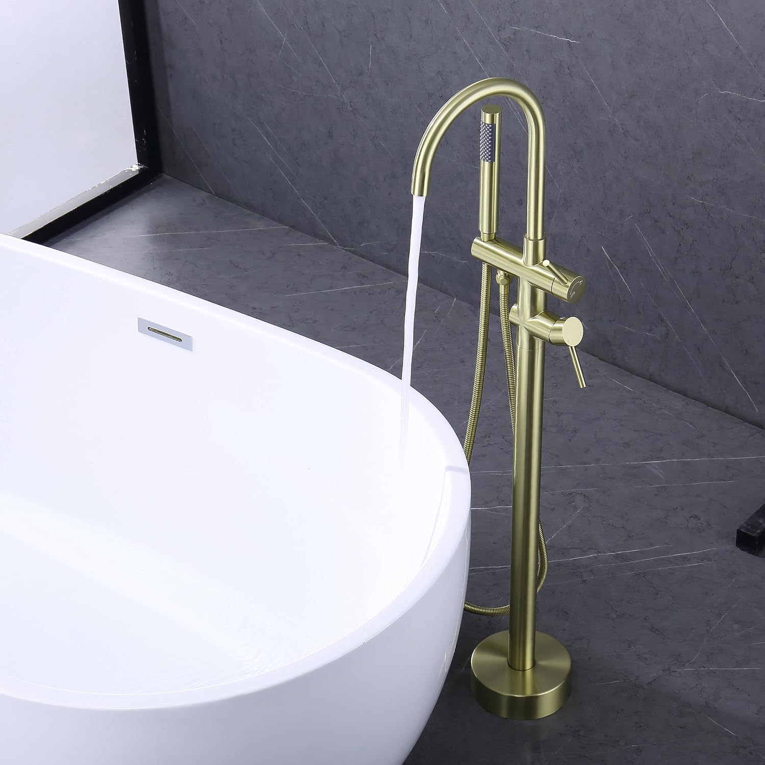 Freestanding Tub Faucet Floor Mount Tub Fillers, Senhozi Brushed Gold Free Standing Tub Faucets, Mixer Tap Two Handle Gold Freestanding Bathtub Faucet with Hand Shower, SE-3001-BG
