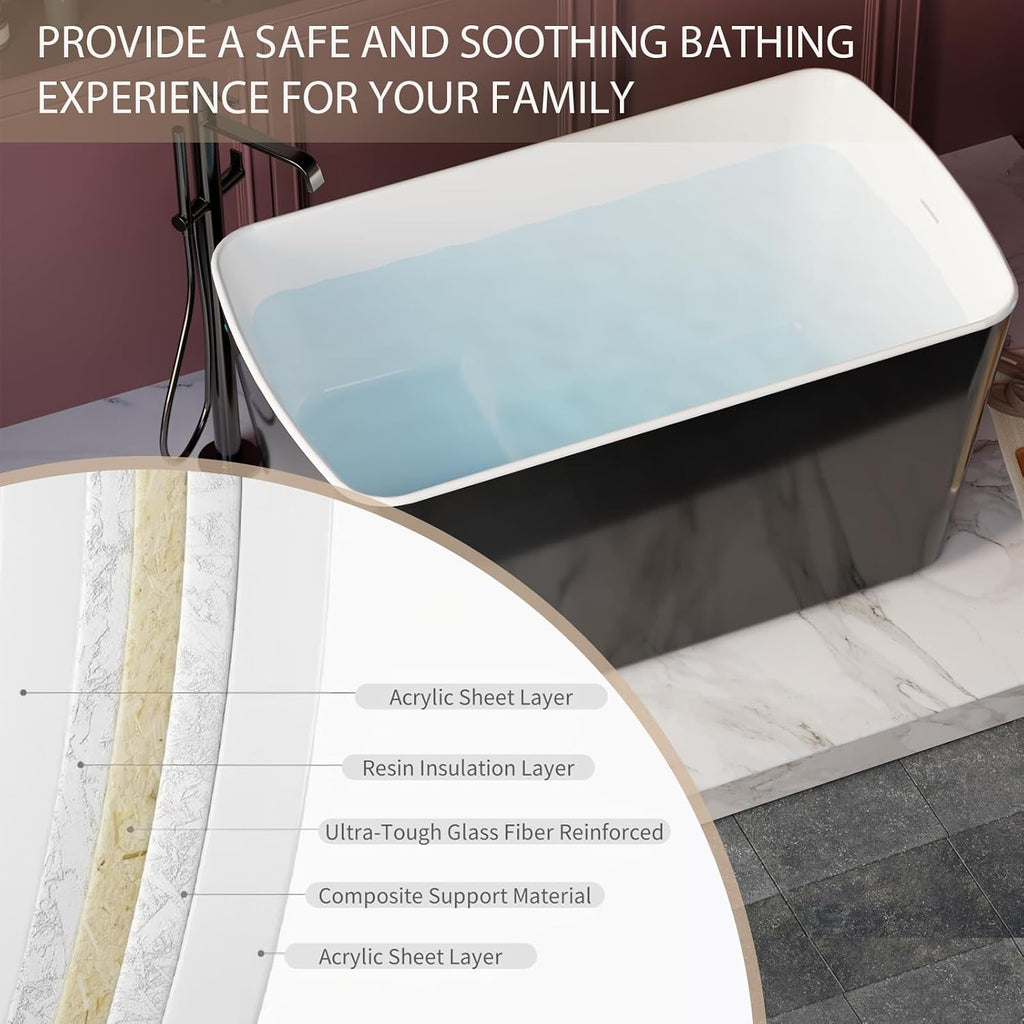GDFStudio 49' x 28' Acrylic Freestanding Soaking Tub, Square Japanese-Style Sit-In Hot Bathtub with Chrome Overflow & Drain, cUPC Certified, 55 Gallon Capacity, Glossy Black