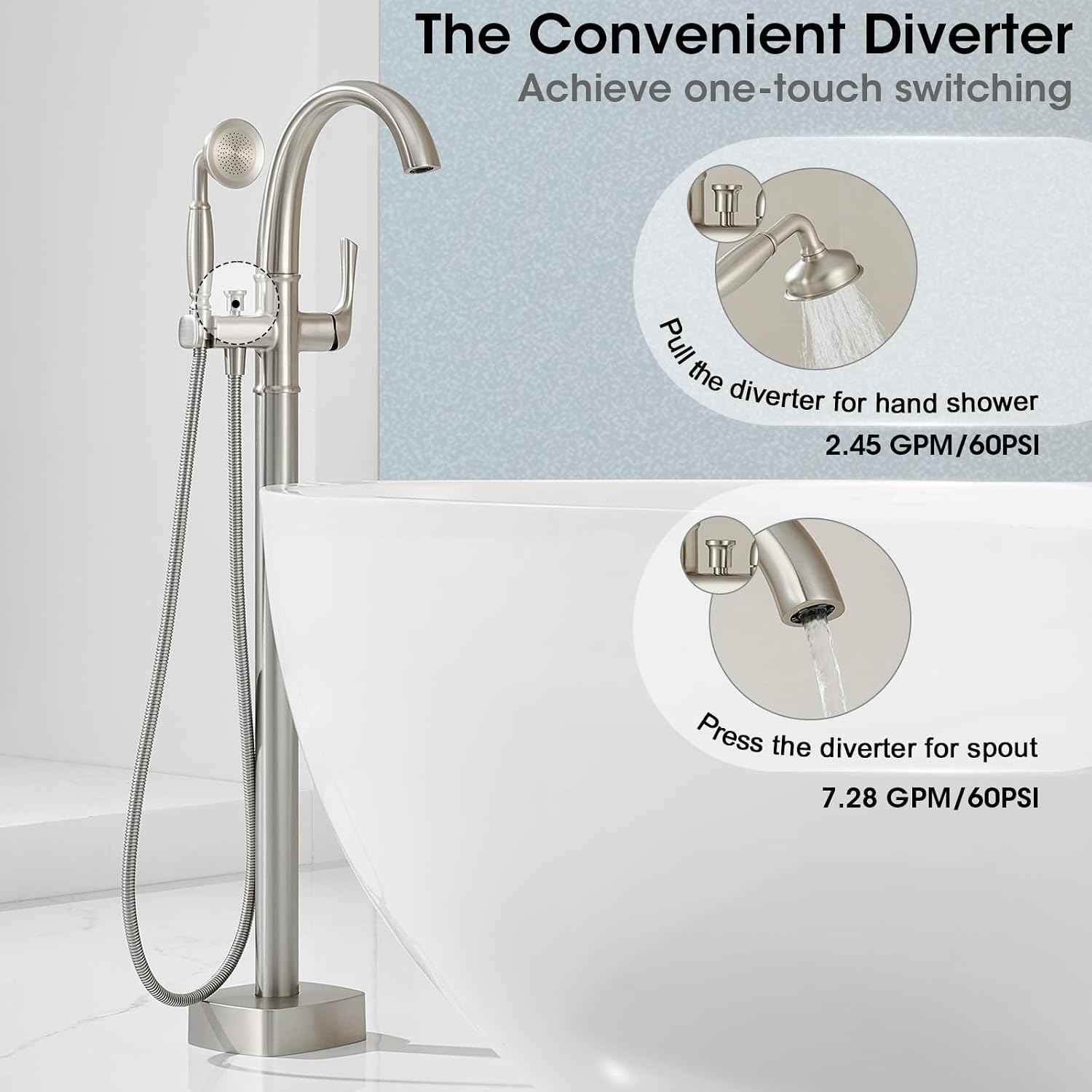 Free Standing Tub Faucet, Jabbol Luxury Freestanding Bathtub Faucet with Sprayer, Brass Bathroom Floor Mount Tub Filler, Brushed Nickel (JB-8811BN)