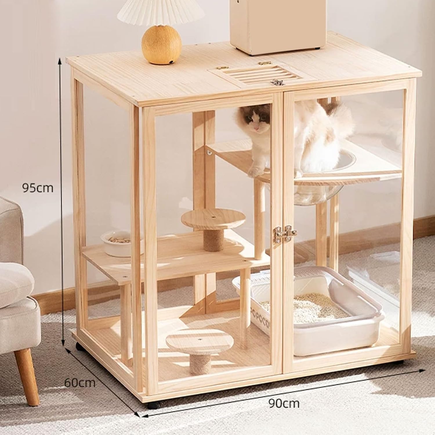 Cat Villa Wooden Cat Cage 4 Features Braked Casters and A Top Skylight Magnetic Cabinet Doors Suitable for 1-2 Cats Top Storage Space Cat Condo(90 * 60 * 95cm)