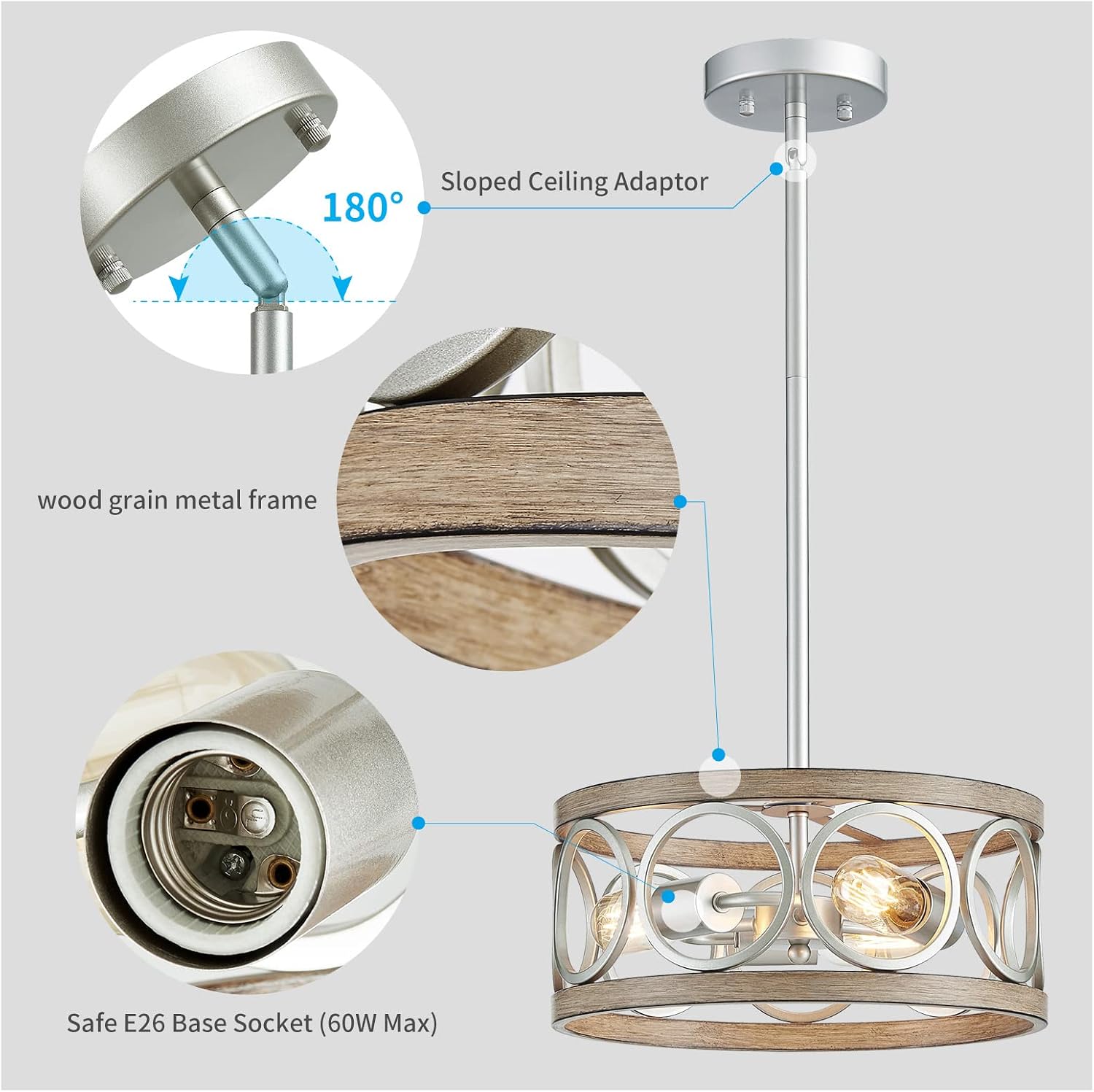XINGQI 13' Rustic Drum Pendant Lighting Fixture Modern Chandelier 3-Light Height Adjustable Ceiling Lamp for Dining Room Kitchen Island Living Room Bedroom Foyer Hallway, Brushed Nickel
