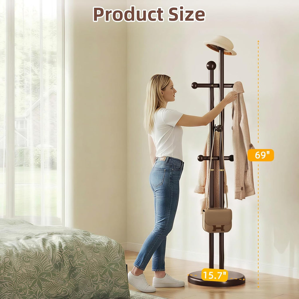 CozyDH Coat Rack Wooden Freestanding - Wood Coat Rack Freestanding Heavy Duty, Wooden Coat Stand with 6 Hooks Creative Look for Entryway, Hallway, Bedroom (Dark Walnut)