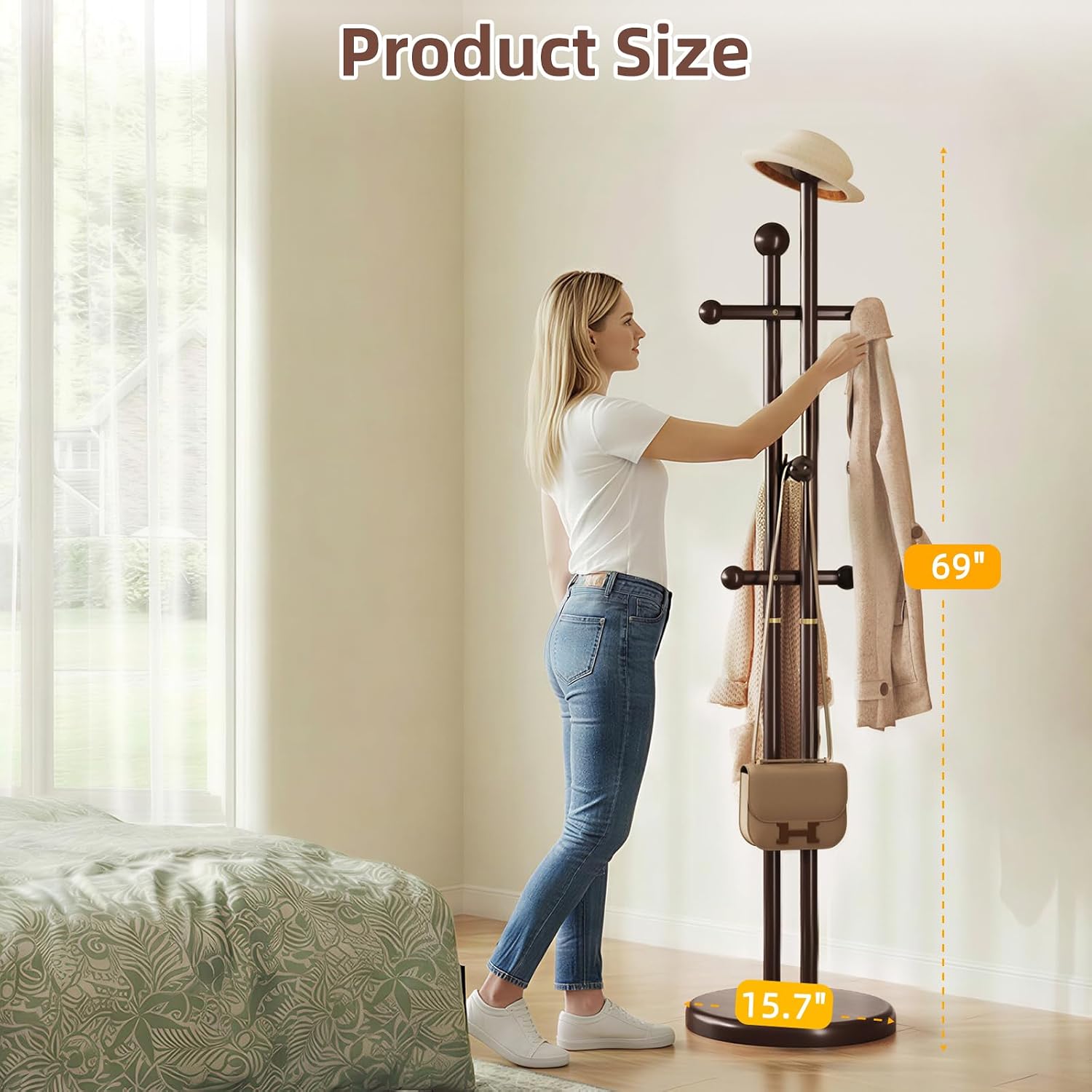 CozyDH Coat Rack Wooden Freestanding - Wood Coat Rack Freestanding Heavy Duty, Wooden Coat Stand with 6 Hooks Creative Look for Entryway, Hallway, Bedroom (Dark Walnut)