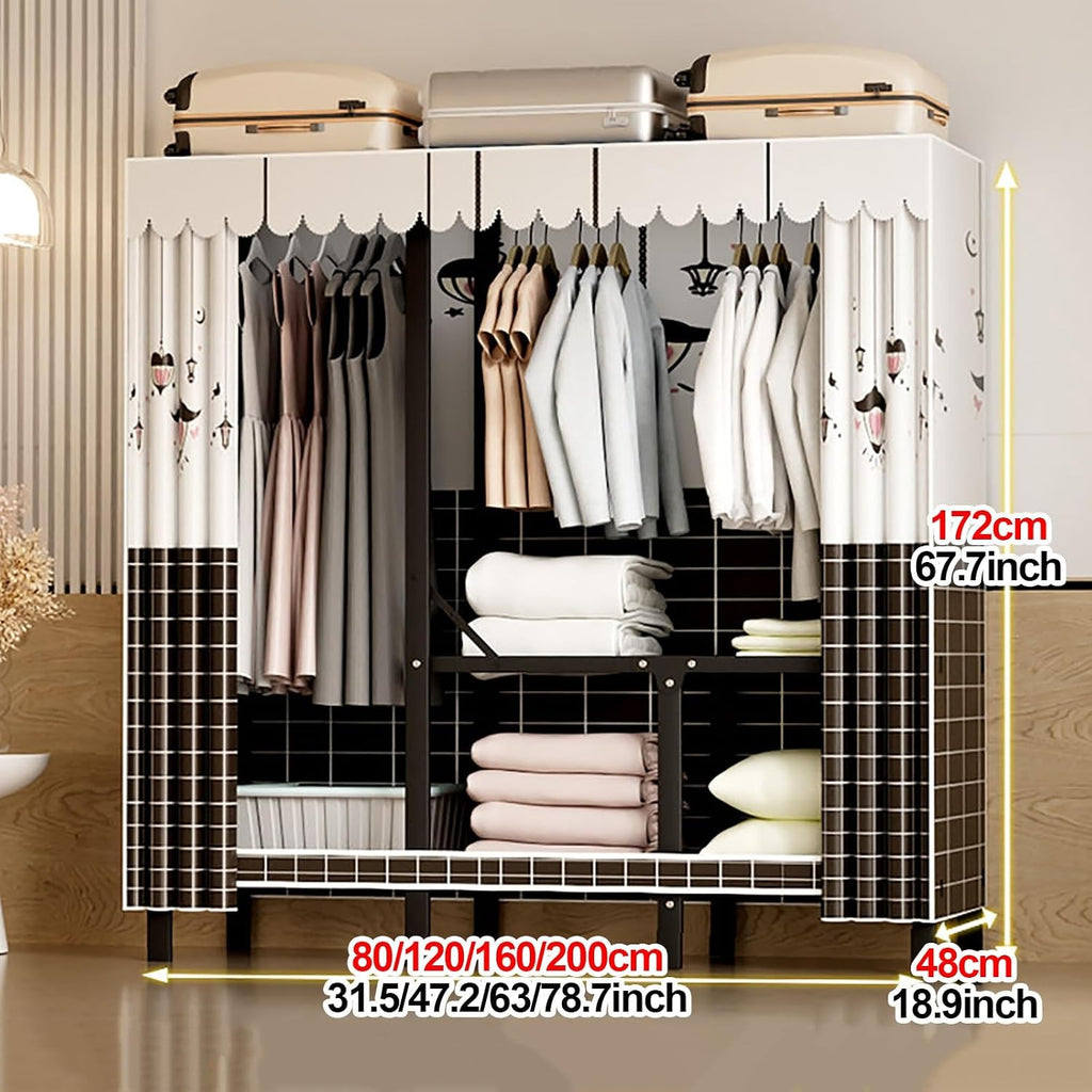 Foldable Closet With Cover,Heavy Duty Clothes Rack,Portable Wardrobe Closet For Hanging Clothing,Black Metal Garment Rack, Freestanding Covered Armoire Coat Storage(Blue1,160x48x172cm)