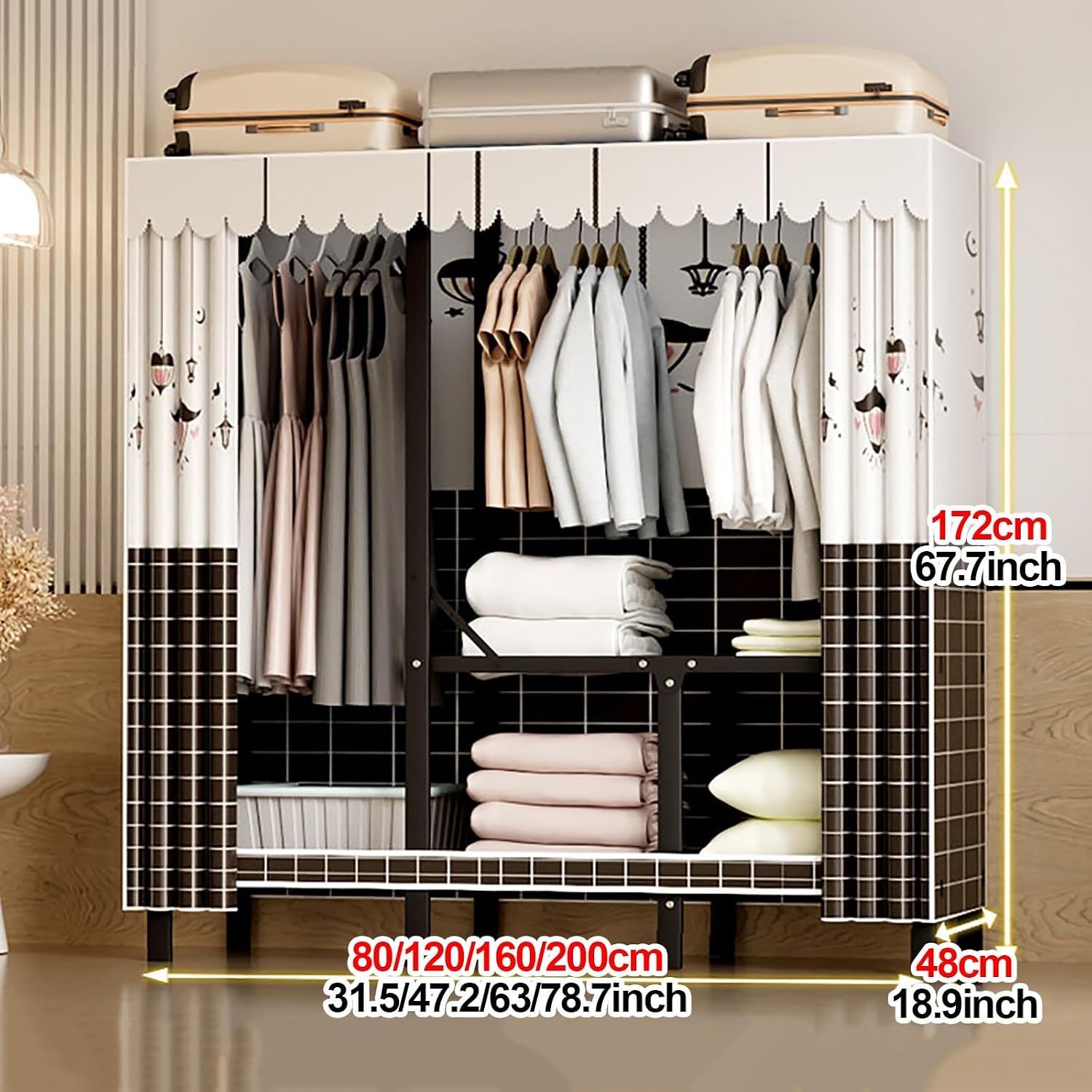 Foldable Closet With Cover,Heavy Duty Clothes Rack,Portable Wardrobe Closet For Hanging Clothing,Black Metal Garment Rack, Freestanding Covered Armoire Coat Storage(Plaid,160x48x172cm)