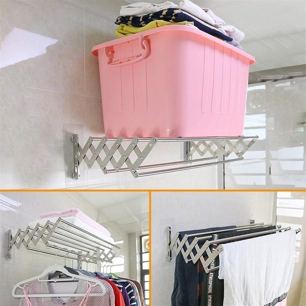 Folding Retractable Wall-Mounted Clothes Airer, Stainless Steel Towel & Garment Drying Rack, Collapsible Bathroom Laundry Line, 50cm