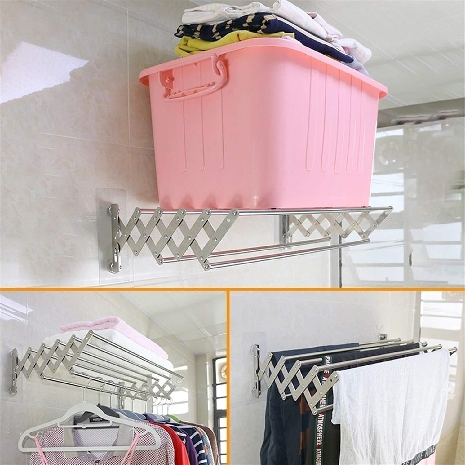 Folding Retractable Wall-Mounted Clothes Airer, Stainless Steel Towel & Garment Drying Rack, Collapsible Bathroom Laundry Line, 50cm