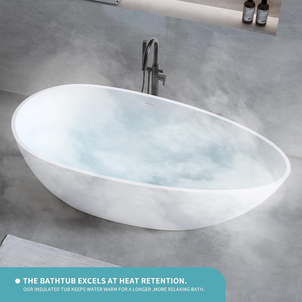 59' Stone Resin Freestanding Bathtub, Egg Shell Shaped Solid Surface Bathroom Freestanding Tubs, Stand Alone Soaking Tubs with Integrated Slotted Overflow and Drain, Matte White
